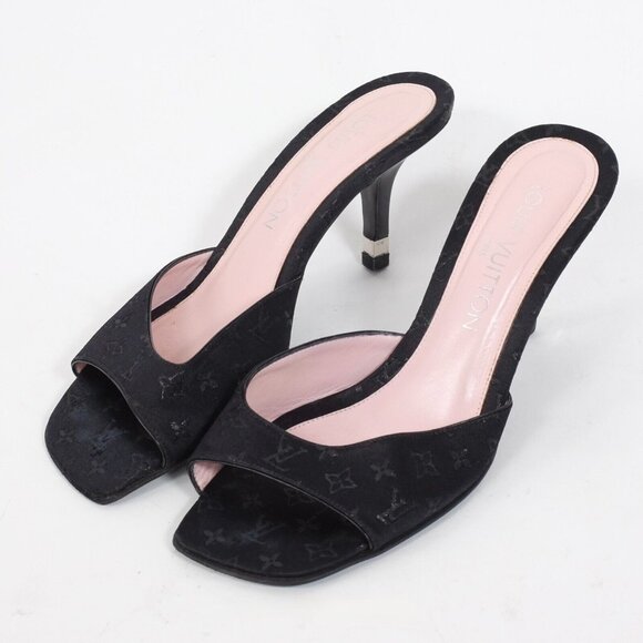 Y2K Louis Vuitton 6.5 US 6.5 shoes black LV monogram mules suede open toe - Picture 1 of 8